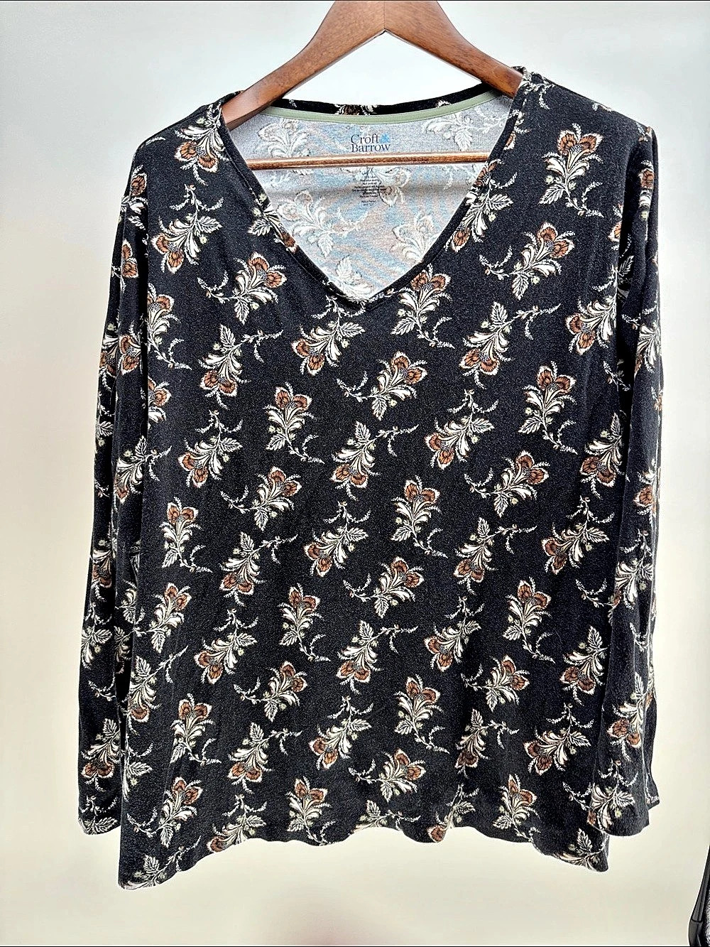 Croft & Barrow The Classic Tee Floral Long Sleeve Top Black & White 2X